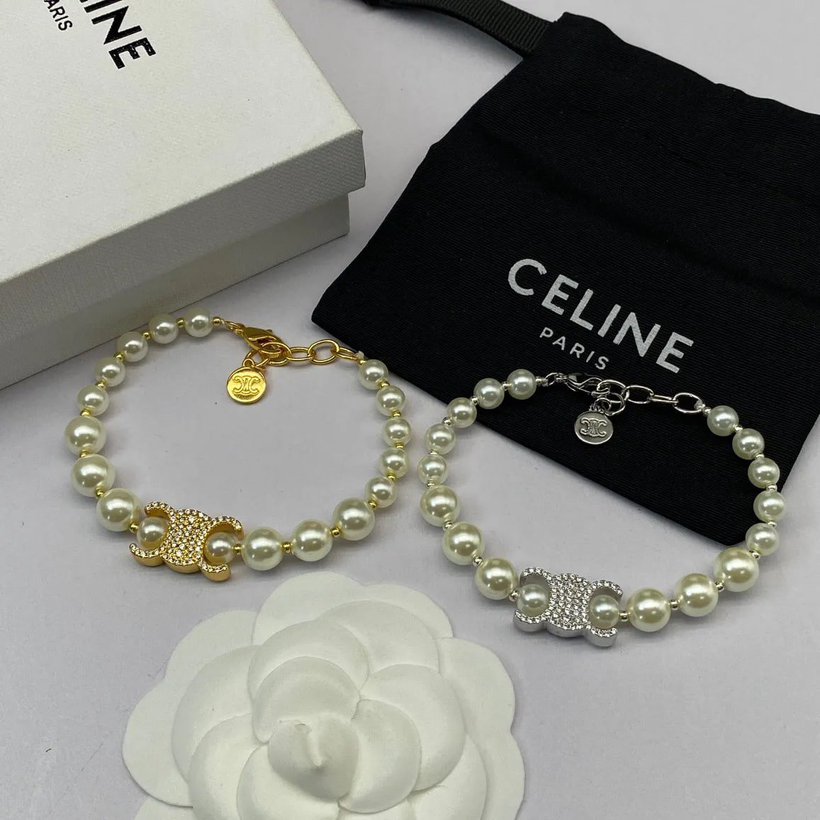 Celine Pearl Bracelet with Triomphe Motif [2 styles]